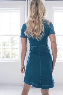 Indigo Blue Short Sleeve Round Neck Zip Front Denim Dress -Classic Fashion Clothing Store 28d3828126e6971c71f9fbffa894c82c81b74339
