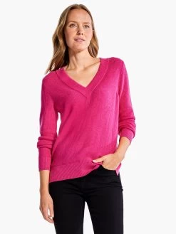 Waffle Stitch V-Neck Sweater SHOCKING PINK