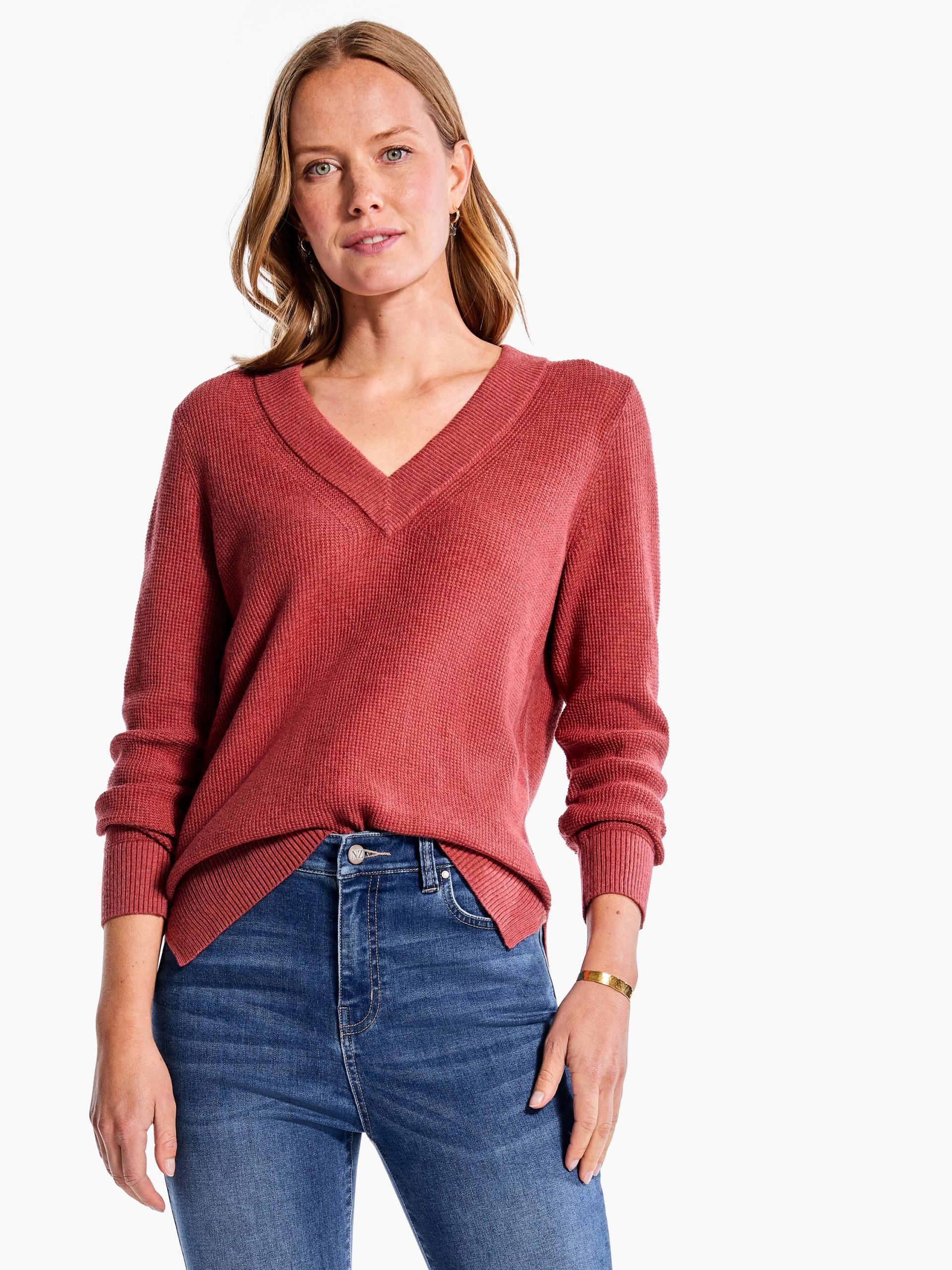 Waffle Stitch V-Neck Sweater SPICE 3 Waffle Stitch V-Neck Sweater SPICE