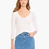 Perfect Knit Rib 3/4 Sleeve V Tee PAPER WHITE