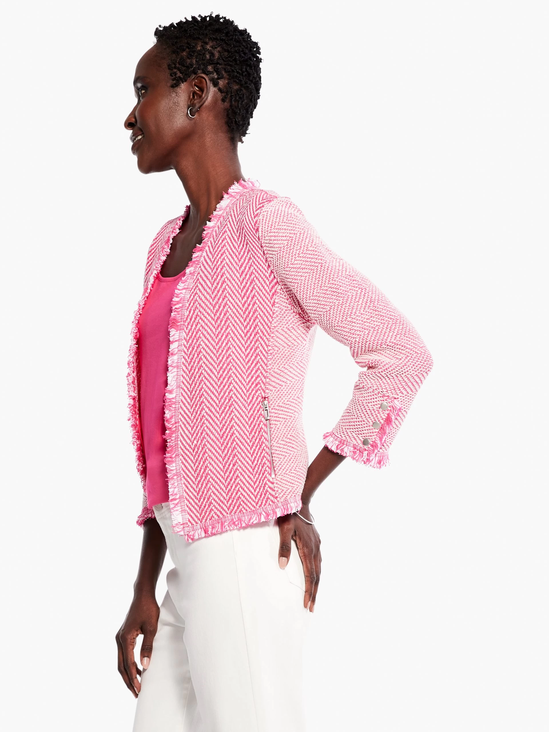 Zig Zag Fringe Mix Knit Jacket SHOCKING PINK 4 Zig Zag Fringe Mix Knit Jacket SHOCKING PINK - Image 2