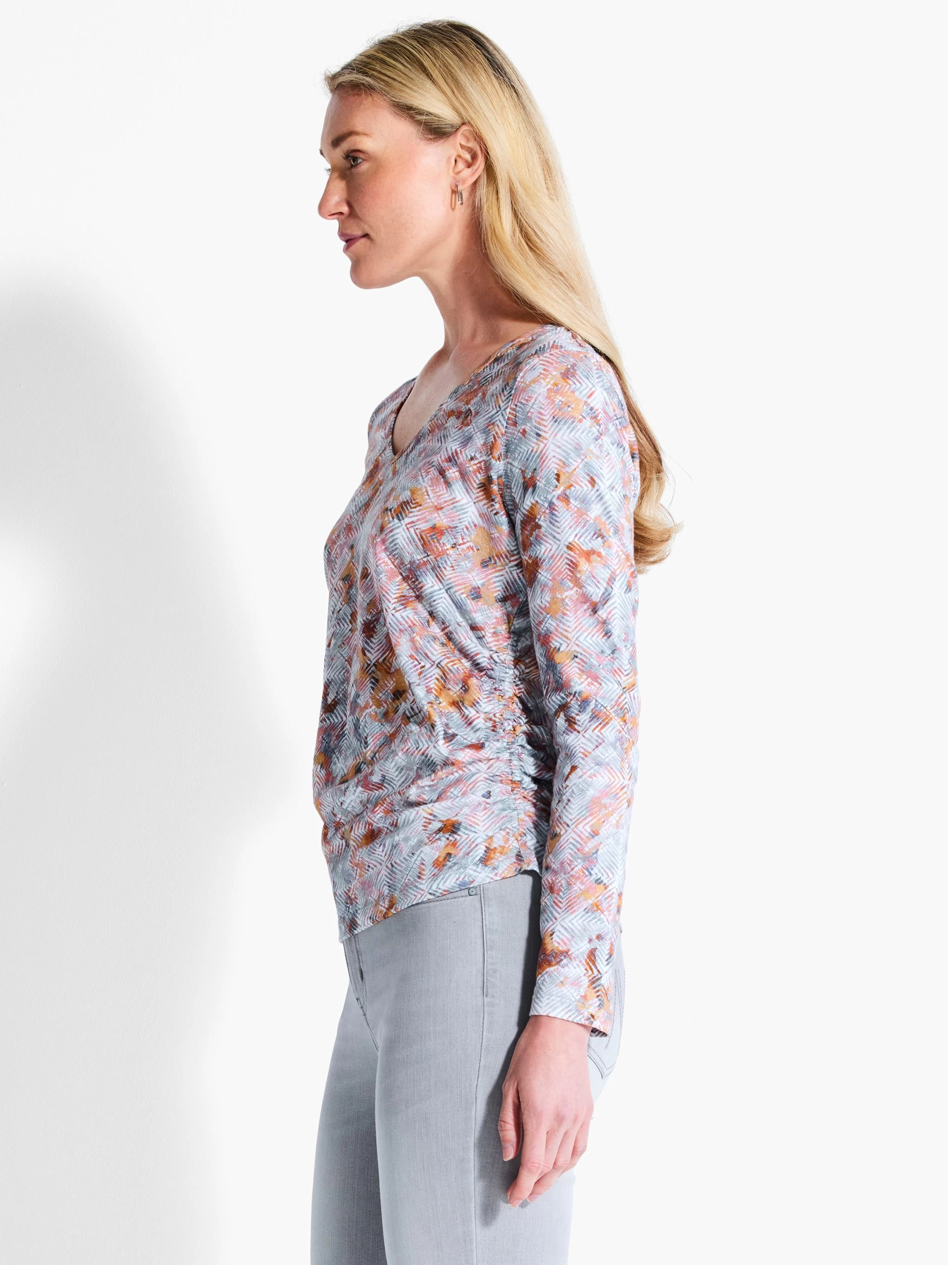 NZT Blurred Grid Long Sleeve V-Neck Ruched Tee PINK MULTI 4 NZT Blurred Grid Long Sleeve V-Neck Ruched Tee PINK MULTI - Image 2