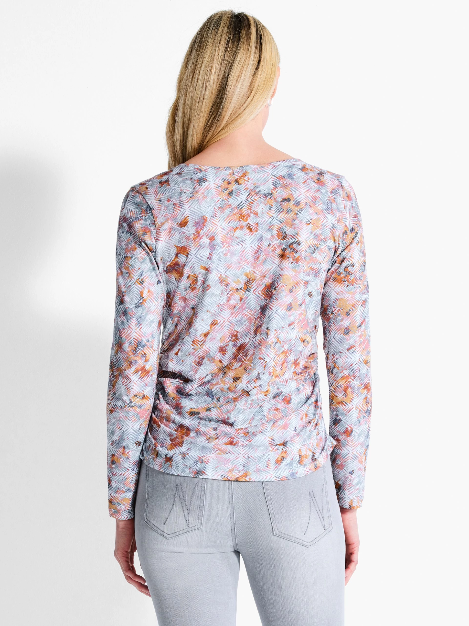 NZT Blurred Grid Long Sleeve V-Neck Ruched Tee PINK MULTI 5 NZT Blurred Grid Long Sleeve V-Neck Ruched Tee PINK MULTI - Image 3