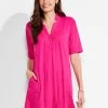 NZT Short Sleeve Notched V Dress SHOCKING PINK -Classic Fashion Clothing Store NZTM231259SKPPRODUCT 01