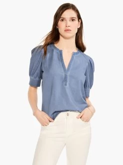 NZT Elbow Sleeve Split Neck Tee CHINA BLUE