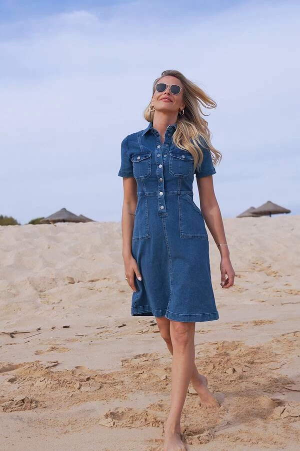 Indigo Blue Popper Front Short Sleeve Stretch Denim Dress 9 Indigo Blue Popper Front Short Sleeve Stretch Denim Dress - Image 7