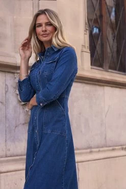 Mid Blue Popper Front Denim Midi Dress With Pockets -Classic Fashion Clothing Store b4a65496dfcf8cf12e370fbafbd08bed282da95e