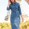 Blue Popper Front Pencil Denim Dress 1 Blue Popper Front Pencil Denim Dress -Classic Fashion Clothing Store blue popper front pencil denim dress