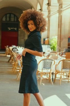 Black Buckle Detail Zip Front Denim Pencil Dress -Classic Fashion Clothing Store cd59f7d304db44cc17e89cc60bded0608018116f