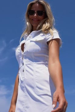 White Popper Front Short Sleeve Stretch Denim Dress -Classic Fashion Clothing Store ea9e823a4ec80a4502195691612a08d7f27ef8b6