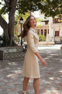 Ecru Popper Front 3/4 Sleeve Stretch Denim Dress -Classic Fashion Clothing Store f445e931fe18ab3532146a8b0ba903af04c0a6b7