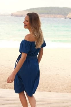 Indigo Blue Button Front Bardot Denim Dress -Classic Fashion Clothing Store fa4785bc75fbc6d25c65f8917b935a326716cceb