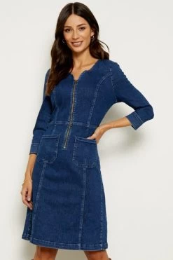 Indigo Zip Front Denim Shift Dress 8 Indigo Zip Front Denim Shift Dress -Classic Fashion Clothing Store indigo front