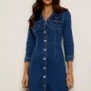 Indigo V Neck Button Front Denim Dress