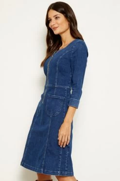 Indigo Zip Front Denim Shift Dress 9 Indigo Zip Front Denim Shift Dress -Classic Fashion Clothing Store indigo side