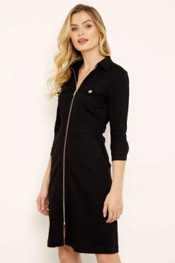 Black Zip Front Denim Dress With Pockets -Classic Fashion Clothing Store s19ds764 3 crop v2