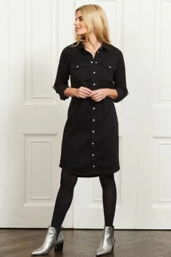 Black Denim Popper Front Relaxed Fit Shirt Dress -Classic Fashion Clothing Store web s7 s21bd003bk a20fw024 094 1