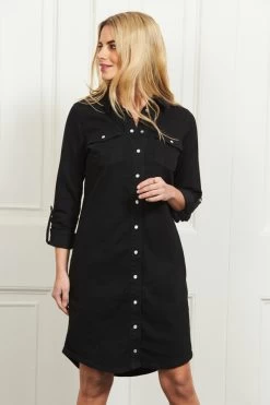 Black Denim Popper Front Relaxed Fit Shirt Dress -Classic Fashion Clothing Store web s7 a20fw024mc0018 026