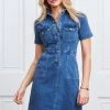 Indigo Blue Popper Front Short Sleeve Stretch Denim Dress