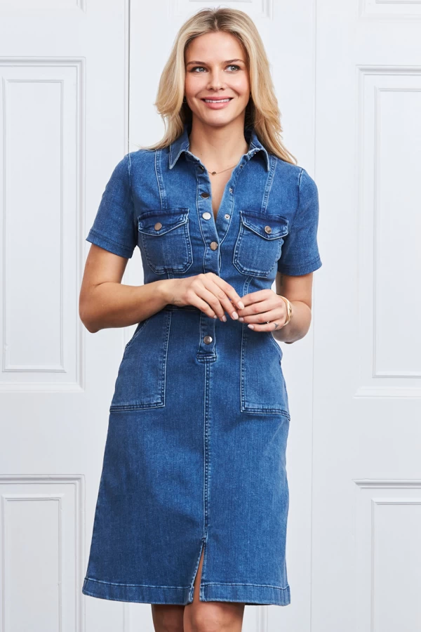 Indigo Blue Popper Front Short Sleeve Stretch Denim Dress 4 Indigo Blue Popper Front Short Sleeve Stretch Denim Dress - Image 2