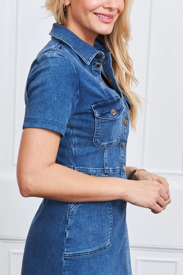 Indigo Blue Popper Front Short Sleeve Stretch Denim Dress 6 Indigo Blue Popper Front Short Sleeve Stretch Denim Dress - Image 4