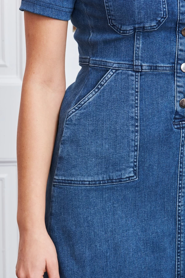 Indigo Blue Popper Front Short Sleeve Stretch Denim Dress 7 Indigo Blue Popper Front Short Sleeve Stretch Denim Dress - Image 5