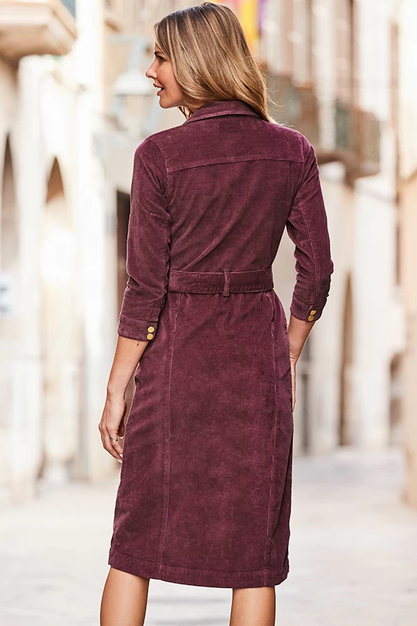 Burgundy Cord Popper Front Belted Dress 5 Burgundy Cord Popper Front Belted Dress - Image 3