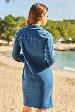 Mid Blue Denim Button Front Shift Dress -Classic Fashion Clothing Store web 100 s22dd020be0010 144