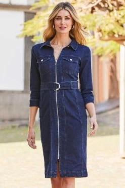 Dark Indigo Zip Front Belted Denim Dress -Classic Fashion Clothing Store web 11 s22dd005io 080 rt