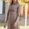 Mocha Popper Front 3/4 Sleeve Stretch Denim Dress -Classic Fashion Clothing Store web 12 a18ds101bn 064