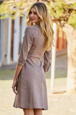 Mocha Popper Front 3/4 Sleeve Stretch Denim Dress -Classic Fashion Clothing Store web 12 a18ds101bn 143