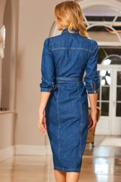 Mid Blue Denim Belted Popper Front Dress With Pockets -Classic Fashion Clothing Store web 12 s23dd012be0010 084