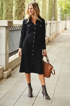 Black Denim Button Front Midi Dress -Classic Fashion Clothing Store web 18 a21dd001 015 black rt