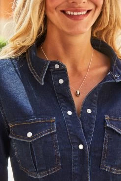 Dark Indigo Popper Front Denim Shirt Dress -Classic Fashion Clothing Store web 19 a21dd002 130