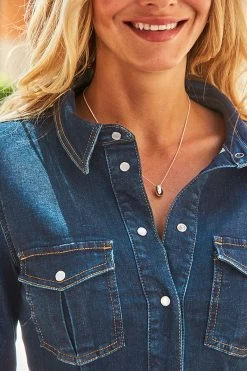 Mid Blue Popper Front Denim Shirt Dress -Classic Fashion Clothing Store web 19 a21dd002 130 rt 1