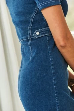 Indigo Blue Short Sleeve Round Neck Zip Front Denim Dress -Classic Fashion Clothing Store web 210302 sosandar hatfield 17 s21dd035in 07329