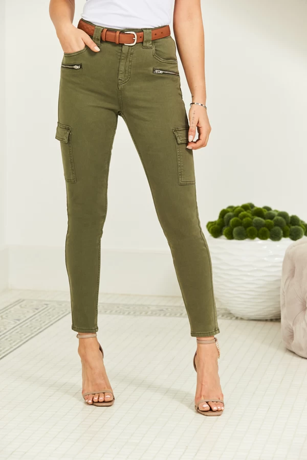 Khaki Green Zip Detail Cargo Skinny Jeans 5 Khaki Green Zip Detail Cargo Skinny Jeans - Image 3