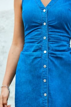 Mid Blue Sleeveless Button Front Ruched Waist Denim Dress -Classic Fashion Clothing Store web 2305 49 s23d049be0010 49 118