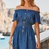 Dark Indigo Shirred Waist Bardot Denim Dress -Classic Fashion Clothing Store web 2305 66 s23dd061io003w 66 reshoot 119