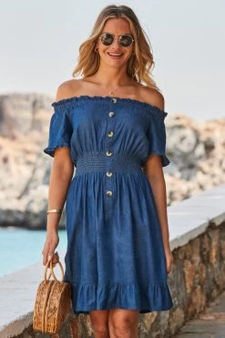Dark Indigo Shirred Waist Bardot Denim Dress -Classic Fashion Clothing Store web 2305 66 s23dd061io003w 66 reshoot 170