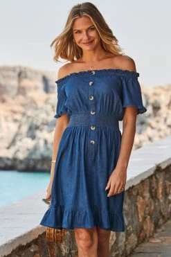 Dark Indigo Shirred Waist Bardot Denim Dress -Classic Fashion Clothing Store web 2305 66 s23dd061io003w 66 reshoot 178