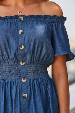 Dark Indigo Shirred Waist Bardot Denim Dress -Classic Fashion Clothing Store web 2305 66 s23dd061io003w 66 reshoot 294