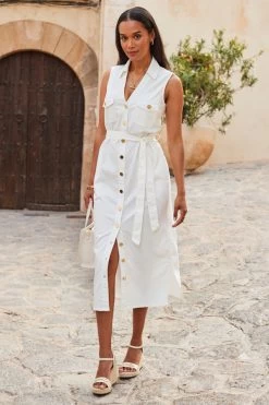 Ivory Belted Denim Midi Dress -Classic Fashion Clothing Store web 2306 118 s23dd054nl0006 118 129