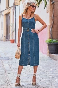 Dark Indigo Button Front Buckle Detail Denim Midi Dress 15 Dark Indigo Button Front Buckle Detail Denim Midi Dress -Classic Fashion Clothing Store web 2306 95 s23dd051in0007 95 2 023 rt