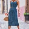 Dark Indigo Button Front Buckle Detail Denim Midi Dress