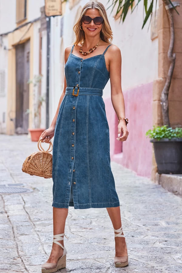 Dark Indigo Button Front Buckle Detail Denim Midi Dress 3 Dark Indigo Button Front Buckle Detail Denim Midi Dress