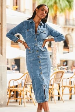 Mid Blue Pocket Detail Denim Pencil Dress -Classic Fashion Clothing Store web 2307 23 s23dd066be0010 23 129