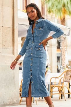 Mid Blue Pocket Detail Denim Pencil Dress -Classic Fashion Clothing Store web 2307 23 s23dd066be0010 23 196