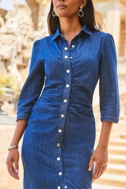 Indigo Blue Ruched Waist Denim Midi Dress -Classic Fashion Clothing Store web 2307 82 s23dd062be0032 82 227 rt