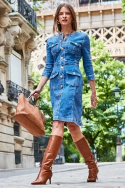 Mid Blue Button Front Pocket Detail Denim Dress